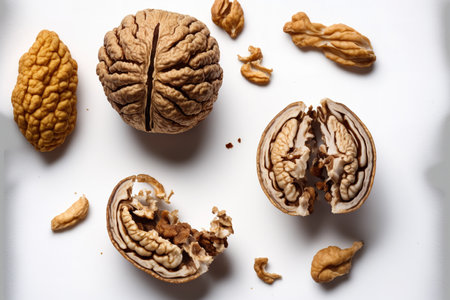 walnuts being cracked on white, top viewの素材