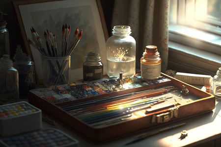 watercolors and brushes at an art studioの素材
