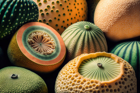 view of a stand with a variety of unique horned melons close up, focused shots Tropical fruit ideaの素材