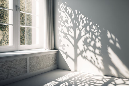 Window shadow overlay on white wallpaper within a room with carpeting as a backdrop and mockup, with a serene theme and early sunlight in the backgroundの素材