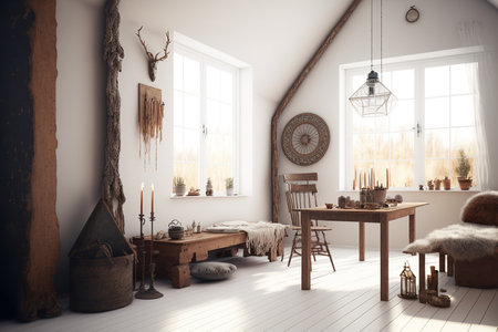 White room with natural wooden furniture, Scandi Boho background for mock up frame,の素材