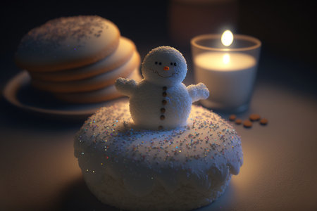 White sugar cookies with frosting in the form of a snowmanの素材