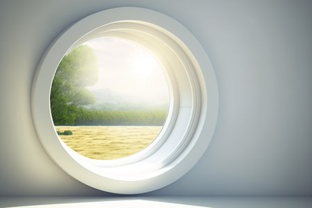 White, empty room with a circle shaped window facing out over nature and sunshine streaming inの素材