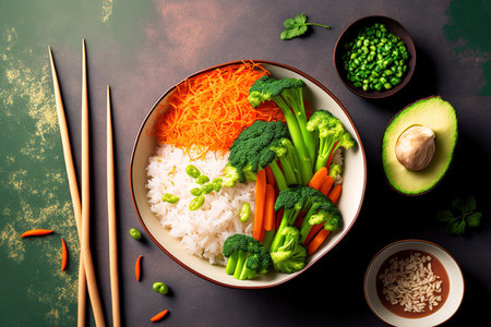 With broccoli, carrots, and spring onions in a fresh and healthy vegan rice bowl and chopsticks on the side. copy space, banner panoramaの素材