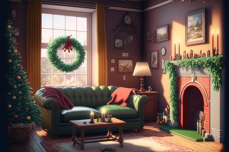With a green sofa, a white chimney, a Christmas tree and wreath, gifts, and decorations, this stylish living room is decorated for Christmas. Santa Claus is on the way. templateの素材