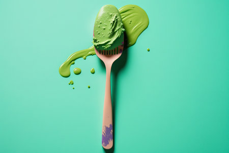 With chopsticks or a spoon, place green wasabi sauce or paste over a plain, colorful background. discerning concentrationの素材