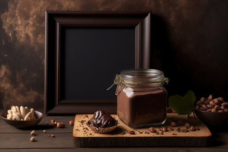 With a wooden backdrop and a glass container of chocolate spread or nougat cream including hazelnuts, copy spaceの素材