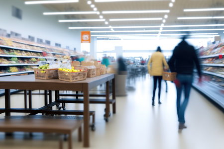 Wood table and generic supermarket shoppers going through a hazy imageの素材