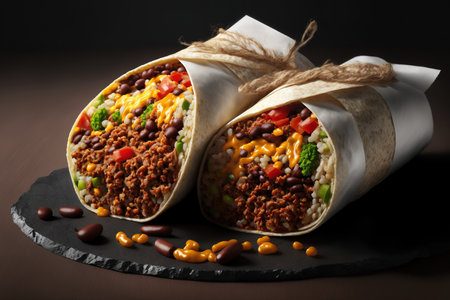 Wrapped burritos with beans, veggies, and ground beef. Mexican cuisineの素材