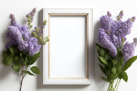 Wooden portrait frame mockup with fresh lilac flowers bouquet over white wall, blank frame with copy spaceの素材