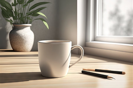 Wooden cup on a table in a modern drawing with empty spaceの素材