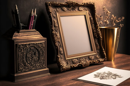 Wooden desk accessories in an antique and vintage style. A mock up or empty picture frameの素材