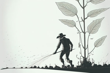 Young guy farmer sowing plant shoots in the ground in a single continuous line painting. begin the planting season. Concept of minimalism as metaphor. dynamic artwork with one line of drawingの素材