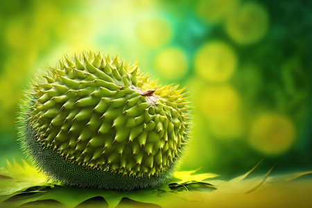 Young jackfruit with close up texture of spiky skin on an abstract green nature blur background for food or graphic designの素材