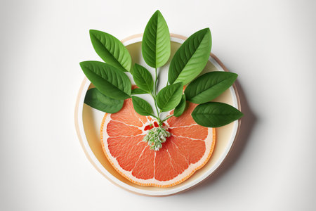 wholesome food Top view of sliced grapefruit with a green leaf on a white backdropの素材