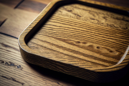 Wooden tray, in close up macro, with texture mockupの素材