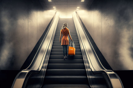 woman pushing cart up escalator. Shopping ideaの素材