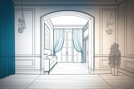 Concept for an architect and interior designer: a hand-drawn, incomplete project that is completed, a living room in the classical style, and molded walls with copy space. Illustration of an arched door with a curtain and parquetの素材