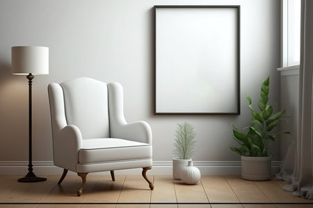 Armchair in relaxing room interior with commode and decoration, candles and books, carpet with parquet floor. Banner copy space three frames on wall,の素材