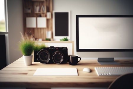 Architect photographer designer desktop concept, camera on wooden work desk with screen showing interior design project, blurred background, modern bedroom idea template, illustrationの素材