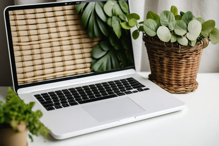Background image of opened laptop with blank white screen on desl decorated with green plants in eco wicker baskets, copy spaceの素材