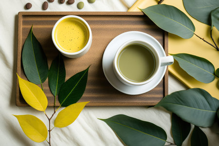 Bamboo tray with white coffee mug and yellow green leavesの素材