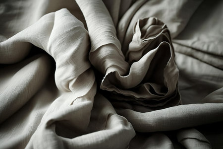 Crumpled neutral linen background. Simple fabric templateの素材