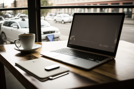 A wooden table holds a white, blank laptop at a coffee shopの素材