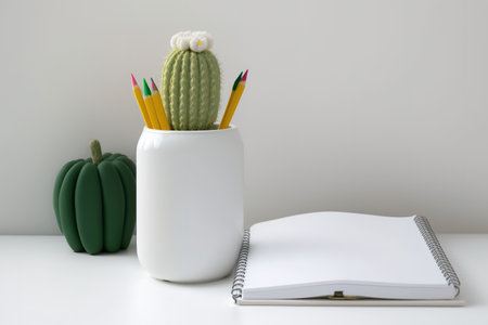 autumnal idea Interior with a simple design: a white copy space wall, an open notebook, crayons, and a ceramic cactus adornmentの素材