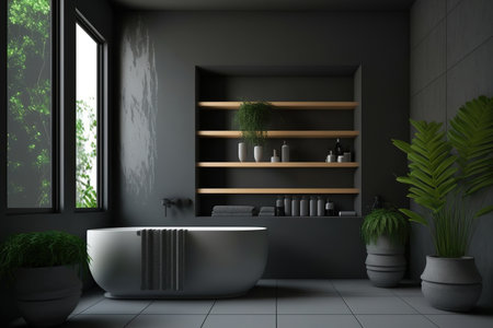 Bathroom with a tub and a makeup shelf and walls made of black and wood. a sink close to a dark wall. An idea for a contemporary home planの素材