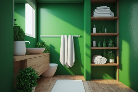 Bathroom interior with green towels and wooden floor.の素材