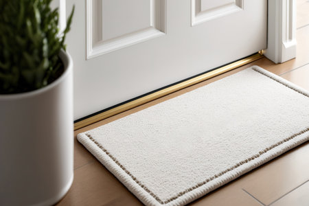 Before the white door in the hallway is a plain beige wool doormat. Mat on wooden floor, mock up of a productの素材