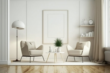 Light beige Baner with minimalist coffee table and floor lamp. Two armchairs and a corner shelf for a cozy sitting area on woodの素材