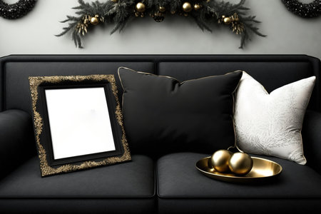 Black photo frame on a couchの素材