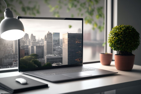 Blank modern laptop monitor on wooden table with stylish lamp, notebook and white glass vase on city view background. , mockupの素材