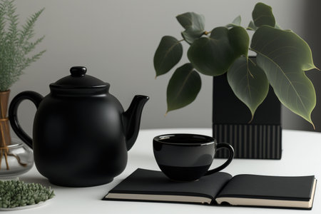 Black theme interior decoration with cup, notebook, plant pot and tea pot on white wooden tableの素材
