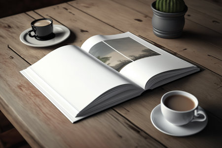 Blank magazines, catalogs, and books on a wooden tableの素材