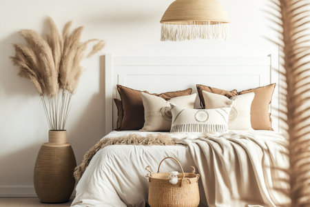 Bohemian bedroom decor mockup on white background with wooden bed, fringed beige blanket, linen pillow, dried pampas grass, and basket lampの素材