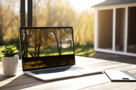 Blank laptop or notebook screen on wooden table in fuzzy background with modern house or office, natural orange bokeh, and morning sunの素材