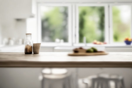Blurred window sill with empty kitchen tabletop in frontの素材
