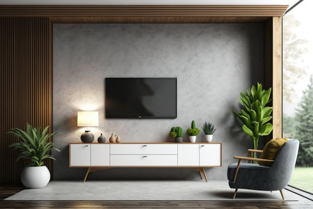 Mockup of a TV cabinet on a concrete wall in a living roomの素材