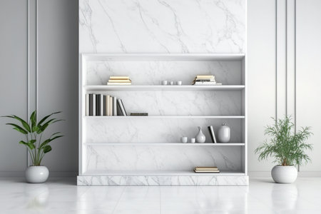 White marble bookshelf with marble tiles for business and educationの素材