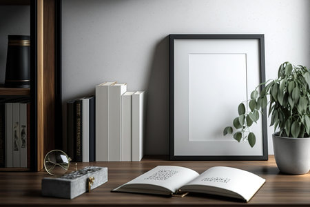 Books and a picture frame are displayed on a wooden tableの素材
