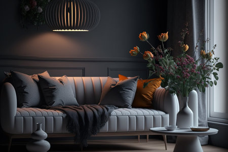 Bright modern interior features, a cozy sofa, fresh flowers, and sunbeams from a window in a living room of an apartment, home, or office against a background of a dark wallの素材