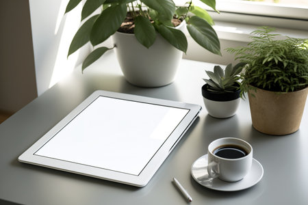 Close-up of computer tablet with blank screen, paperwork, and plant on accountant deskの素材