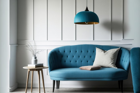 blue sofa, lamp, bench, and table in a white roomの素材