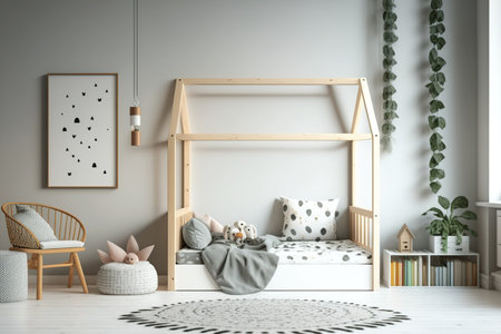 Child bedroom with floor bed and wooden chairの素材