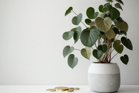 Chinese money plant and white wallの素材