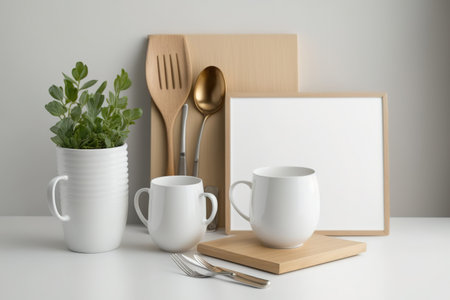 Blank wooden board, plates, cup, and utensils on white kitchen table. Voidの素材