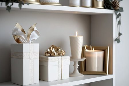 boxes with gifts on a shelf with a candlestickの素材
